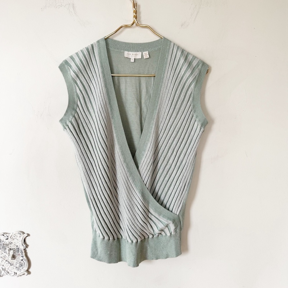 Ted Baker Jaacie Mint Green Sparkly Ribbed Sleeveless Wrap Deep V Knit Top 2 /